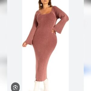 Eloquii Petal Ribbed Knit Long Sleeve Dress in Mauve